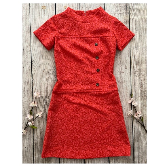 D1 -- COLLEGE GIRL pinkish orange vtg vintage textured casual mod dress size 10 - Picture 3 of 11